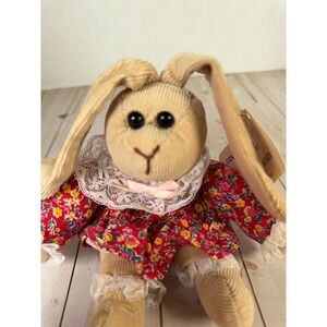 Sugarloaf Beanies Tan Corduroy Bunny‎ Rabbit Red Floral Dress Lace Trim 8 Inch